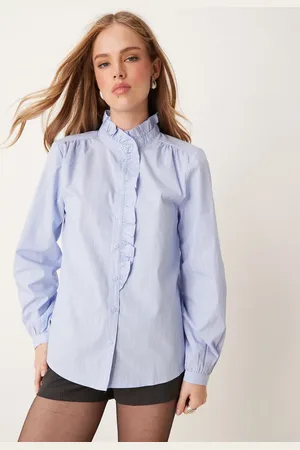 JDY Frill detail shirt in blue pinstripes