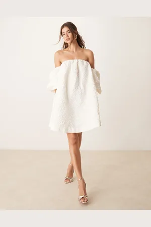 Y.A.S Off shoulder puff sleeve structured jacquard mini dress in white