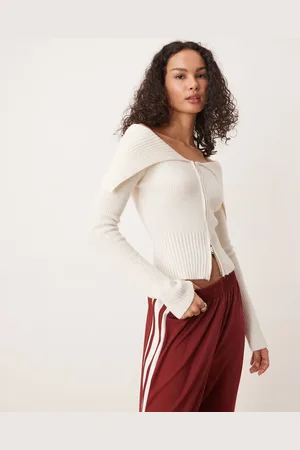 Gina Tricot Rib knitted zip front cardigan with off shoulder collar in -White