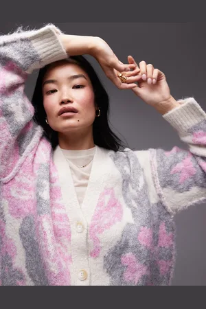 Topshop Knitted flower print oversized cardi in -Multi
