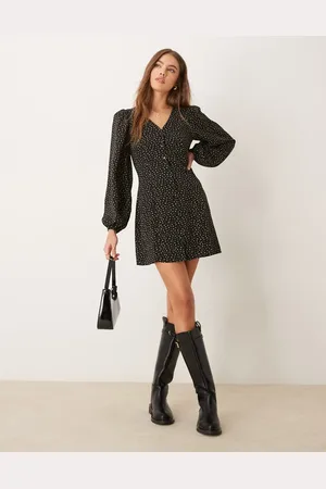 Glamorous Long sleeve mini tea dress with tie front in black cream -Multi