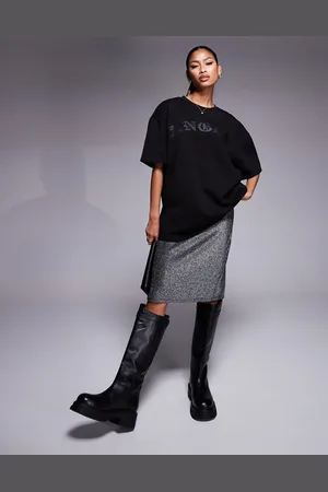 Liquor N Poker 2 in 1 t-shirt dress with rhinestone midi skirt in -Grey