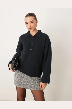 Gina Tricot Knitted button polo collar long sleeve top in