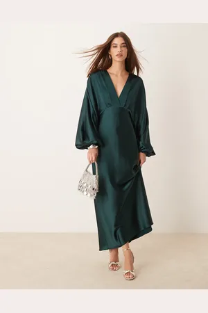 Gina Tricot V neck satin maxi dress with volume sleeves in