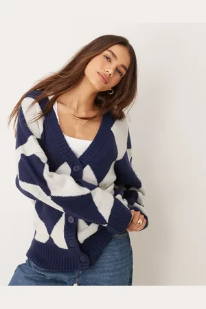 Neon Rose Argyle longline cardigan in navy