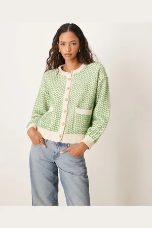 Y.A.S Button down knitted cardigan in birch with green detail-White