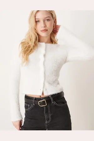 Gina Tricot Fluffy knit fitted cardigan with crew neck and button front in