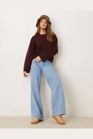 Gina Tricot Crew neck knitted sweater with wide sleeves in dark wine -Red