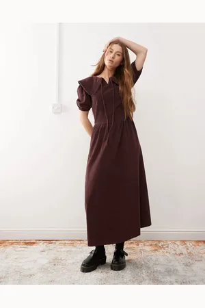 Reclaimed Cord collar detail midi dress in -Brown