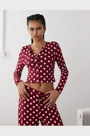 Reclaimed Button up lounge top in polka dot (part of a set)-Red