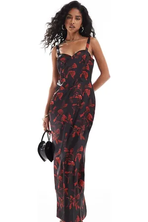 The Frolic Exclusive satin corset detail bodycon maxi dress in black rose print-Multi