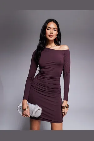 Tala 365 ruched long sleeve asymmetric mini dress in -Red
