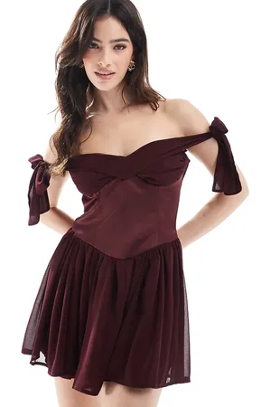 The Frolic Exclusive bardot tie sleeve corset mini dress in -Red