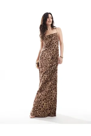 Object Satin low cross back maxi dress in tonal print-Brown