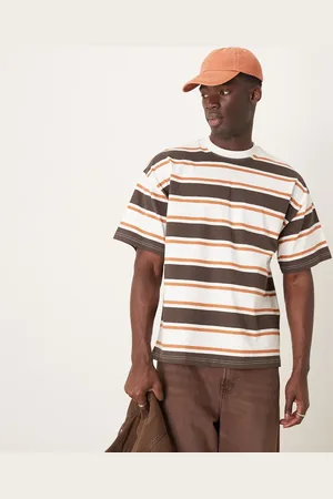 SELECTED Oversized heavyweight t-shirt in cream tan brown stripe