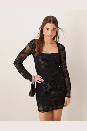 Gina Tricot Sheer square neck mini dress with placement embroidery applique in