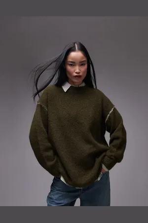 Topshop Knitted exposed contrast seam oversized jumper in -Green