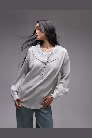 Free People Stitch detail relaxed waffle henley sweat in
