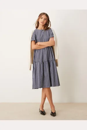 Glamorous Puff sleeve tiered midi dress in blue grey stripe