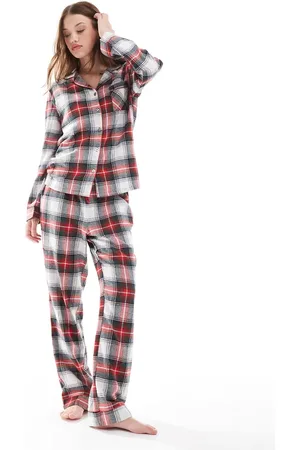 Loungeable Brushed long sleeve shirt and buttoned pyjama pants set in checked print