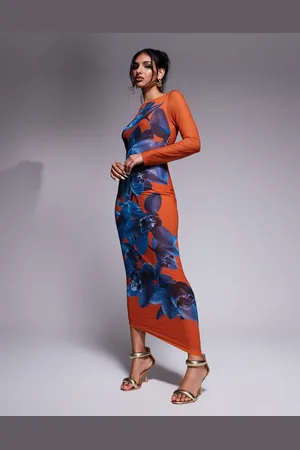 DASKA Fitted maxi dress with placement print in burnt orange-Multi