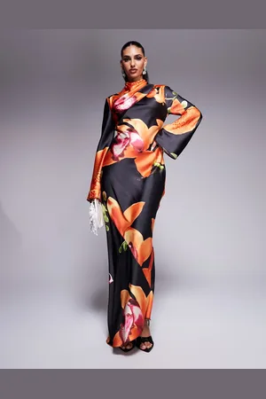 DASKA Satin maxi dress in dark based floral print-Multi