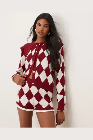 Neon Rose Collar detail harlequin argyle cardigan in burgundy-Red