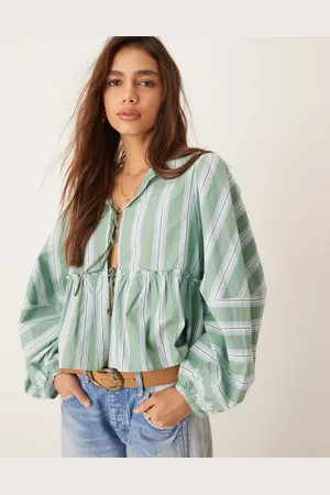 Free People Striped tie front blouse in green