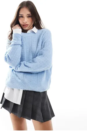 ONLY Pointelle crew neck jumper in power blue