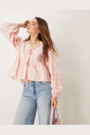Free People Striped tie front blouse in baby pink