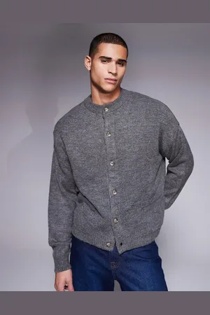 ASOS Oversized boxy knitted crew neck cardigan with pockets in charcoal-Grey