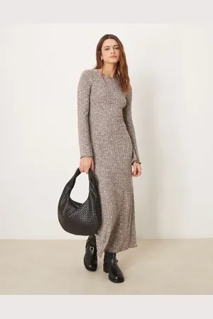VILA Long sleeve rib maxi dress in chocolate melange-Brown