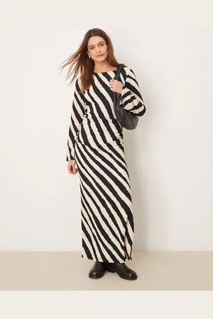Y.A.S Ruched midi dress with bell sleeve detail in monochrome stripe print-Multi