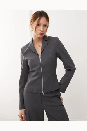Weekday Mei slim fit zip through blazer in grey melange stripe (part of a set)