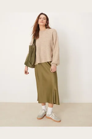 Y.A.S Satin midi skirt in olive green