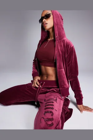 Juicy Couture Velour tonal jewel low rise trackies in burgundy (part of a set)-Red