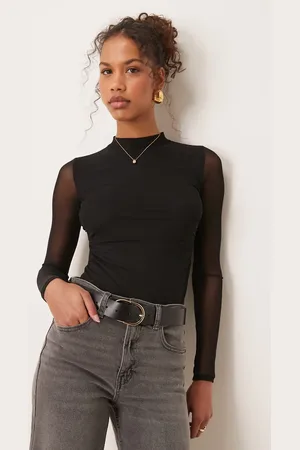 New Look Mesh ruched side long sleeve thong bodysuit in