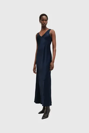 AllSaints 2in1 Neo satin maxi dress in navy-Blue