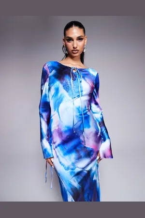 DASKA Satin maxi dress in cobalt blue abstract print