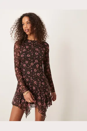 New Look Mesh long sleeve mini dress in black ditsy print