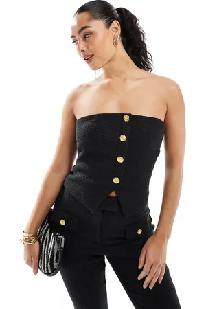 The Frolic Exclusive tailored boucle bandeau split front gold flower button detail top in (part of a set)