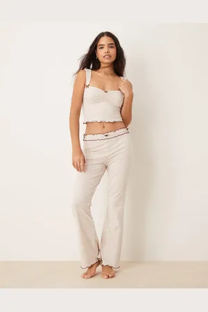 The Frolic Exclusive contrast lettuce edge slim flare pyjama lounge pants in marl (part of a set)-Neutral