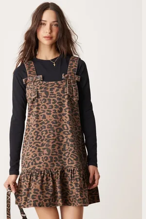 Neon Rose Print denim pinny dress in brown