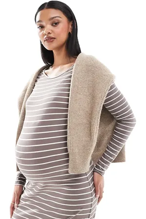 Mama;licious Mamalicious Maternity long sleeved jersey maxi dress in taupe stripe-Neutral