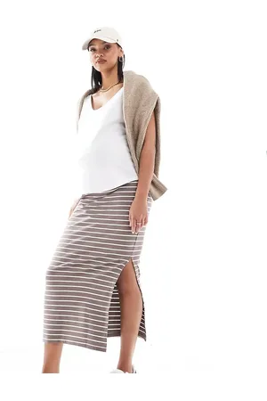 Mama;licious Mamalicious Maternity jersey over the bump maxi skirt in taupe stripe-Neutral