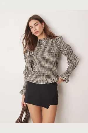 Y.A.S Shirred detail long sleeve top in check print-Multi