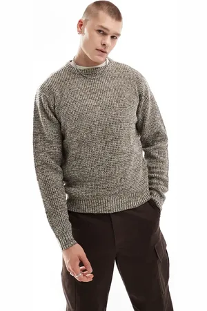 Another Influence Twist knit round neck jumper in brown marl