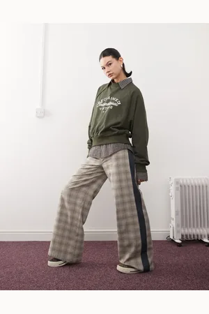 Reclaimed Wide leg tailored pants with contrast panels in neutral check