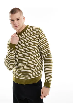 Another Influence Striped round neck jumper in khaki-Green