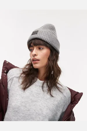 AllSaints Ribbed leather logo beanie in grey marl